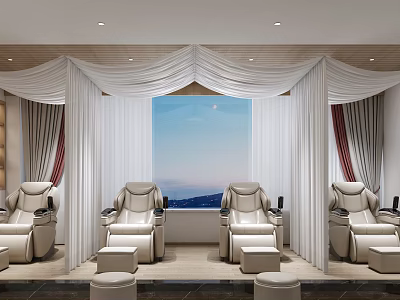 Modern SPA Sauna Interior Design With Massage Chairs Large Windows And Scenic View 3d model