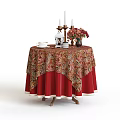 Elegant Round Dining Table With Floral Pattern Tablecloth Flower Vase And Candles 3d model