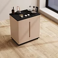 Modern Tea Table With Beige Cabinet Black Countertop And Tea Set On Wooden Floor