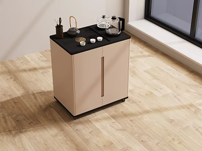 Modern Tea Table With Beige Cabinet Black Countertop And Tea Set On Wooden Floor 3d model