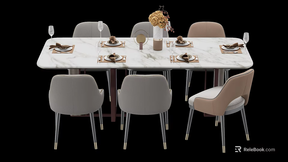Stylish Dining Table Set Featuring Marble Tabletop Upholstered Chairs Tableware And Flower Vase 3d model 