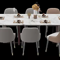 Stylish Dining Table Set Featuring Marble Tabletop Upholstered Chairs Tableware And Flower Vase 3d model