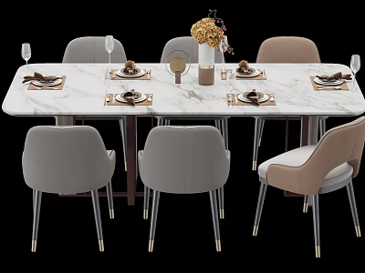 Stylish Dining Table Set Featuring Marble Tabletop Upholstered Chairs Tableware And Flower Vase 3d model