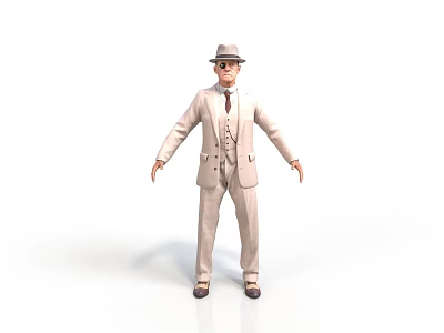 Classic Beige Men's Formal Suit With Vest Tie And Stylish Hat 3d model