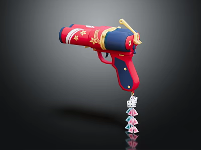 Decorative Toy Gun With Red Blue And Gold Accents Hanging Dice And Card Charms 3d model