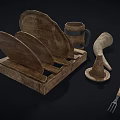 Rustic Kitchen Appliances With Wooden Plates Tray Mug Fork And Horn