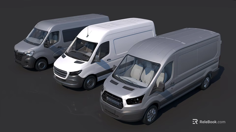 Three Commercial Utility Vans In Silver White Gray For Cargo Transport Use 3d model 