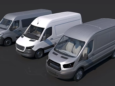 Three Commercial Utility Vans In Silver White Gray For Cargo Transport Use 3d model