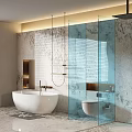 Elegant Modern Bathroom Interior With White Bathtub Glass Shower Marble Walls Hanging Shelf Light Floor