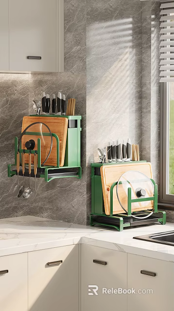 Green Wall Mounted Kitchen Utensil Organizer With Knives Cutting Board Spatulas And Pot Lids 3d model 