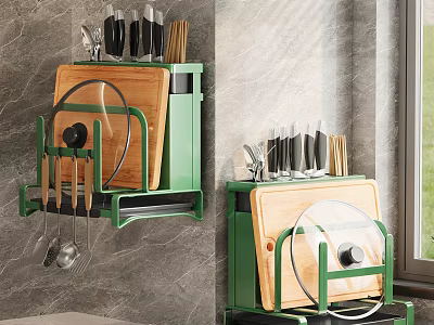 Green Wall Mounted Kitchen Utensil Organizer With Knives Cutting Board Spatulas And Pot Lids 3d model