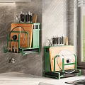 Green Wall Mounted Kitchen Utensil Organizer With Knives Cutting Board Spatulas And Pot Lids
