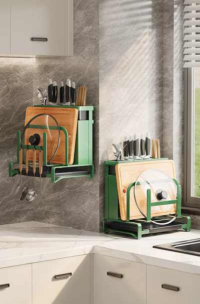 Green Wall Mounted Kitchen Utensil Organizer With Knives Cutting Board Spatulas And Pot Lids 3d model