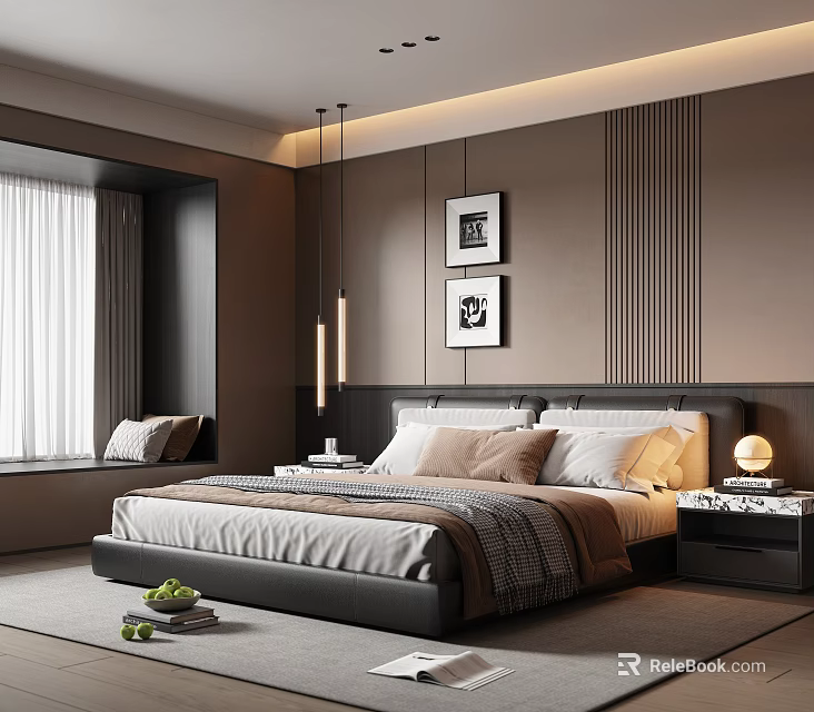 Modern Bedroom Interior With Brown Accent Wall Bedside Tables Artwork And Window Seat 3d model 