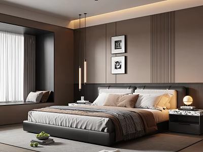 Modern Bedroom Interior With Brown Accent Wall Bedside Tables Artwork And Window Seat 3d model