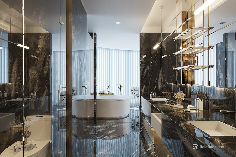 Elegant Modern Bathroom Interior With Marble Surfaces Freestanding Bathtub And Double Vanity 3d model 