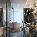 Elegant Modern Bathroom Interior With Marble Surfaces Freestanding Bathtub And Double Vanity