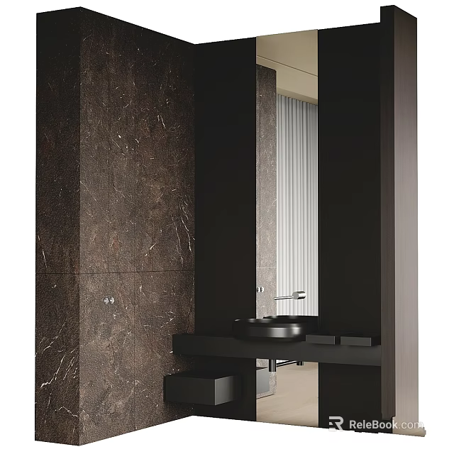 Minimalist Modern Washbasin Design With Dark Brown Marble Wall Mirror And Black Countertop 3d model 