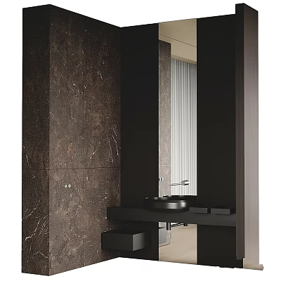 Minimalist Modern Washbasin Design With Dark Brown Marble Wall Mirror And Black Countertop 3d model