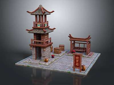 Cartoon Scene Featuring Traditional Chinese Teahouse Architecture Wooden Boxes and Jars 3d model