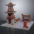 Cartoon Scene Featuring Traditional Chinese Teahouse Architecture Wooden Boxes and Jars