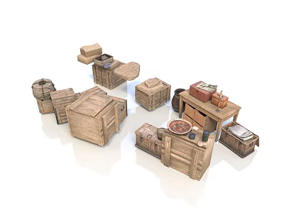 Rustic Household Storage Items With Wooden Boxes Drawers Wheeled Cart And Stacked Designs 3d model