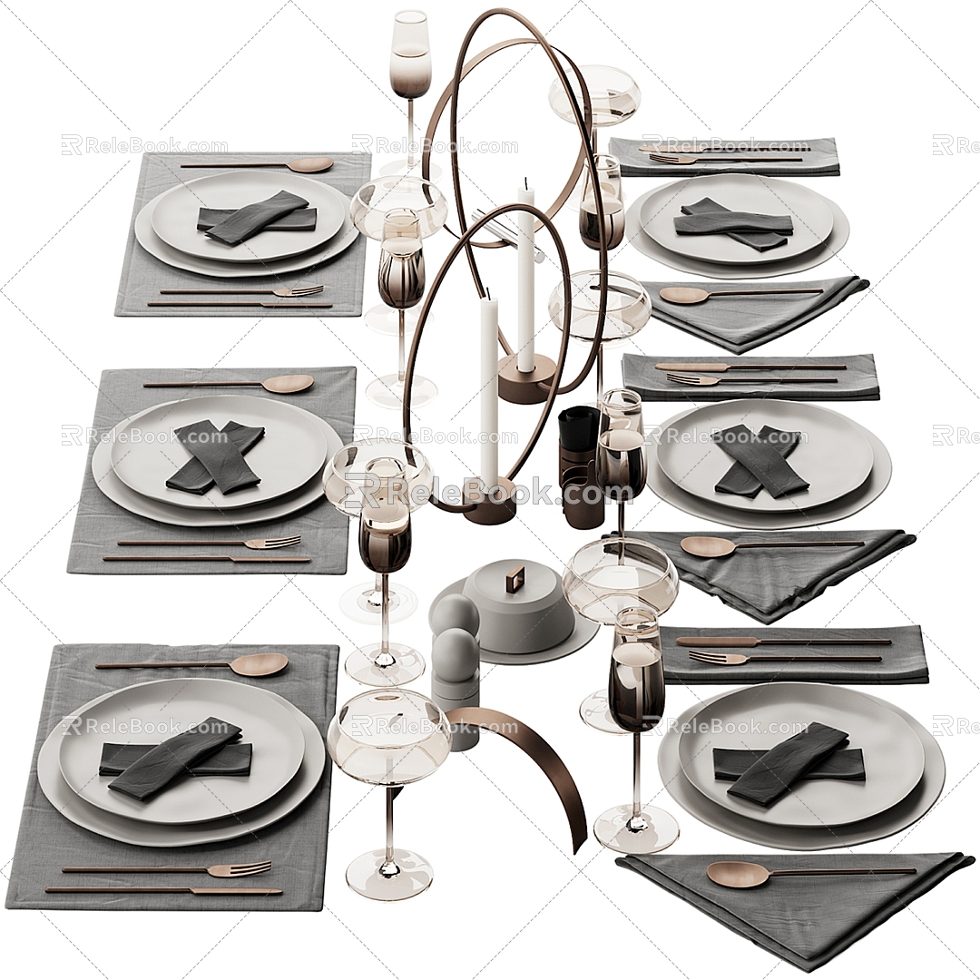 Modern restaurant table tableware decoration set 3d model