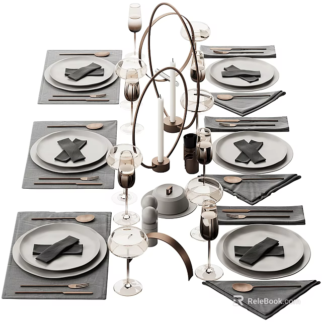Elegant Modern Tableware Set Featuring Gray Plates Black Napkins Wine Glasses Cutlery And Candle Holders 3d model 