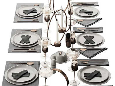 Elegant Modern Tableware Set Featuring Gray Plates Black Napkins Wine Glasses Cutlery And Candle Holders 3d model