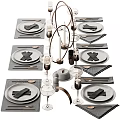 Elegant Modern Tableware Set Featuring Gray Plates Black Napkins Wine Glasses Cutlery And Candle Holders