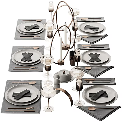 Elegant Modern Tableware Set Featuring Gray Plates Black Napkins Wine Glasses Cutlery And Candle Holders 3d model