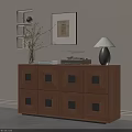 Wooden Entryway Cabinet Sideboard Square Panel Drawers With Decorative Vase Table Lamp Books Wall Art