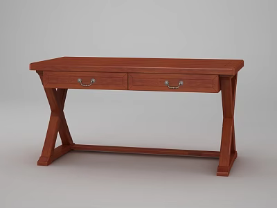 Modern Brown Wooden Desk With Two Drawers And X Shaped Legs Design 3d model