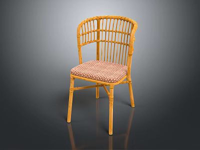 Stylish Rattan Leisure Chair with Yellow Frame and Pink Checkered Comfortable Cushion 3d model