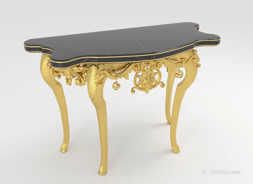 Elegant Console Table Design With Black Top And Gold Carved Legs 3d model 