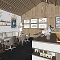 Cozy Cafe Interior With Wooden Ceiling Bar Counter High Stools And White Chairs