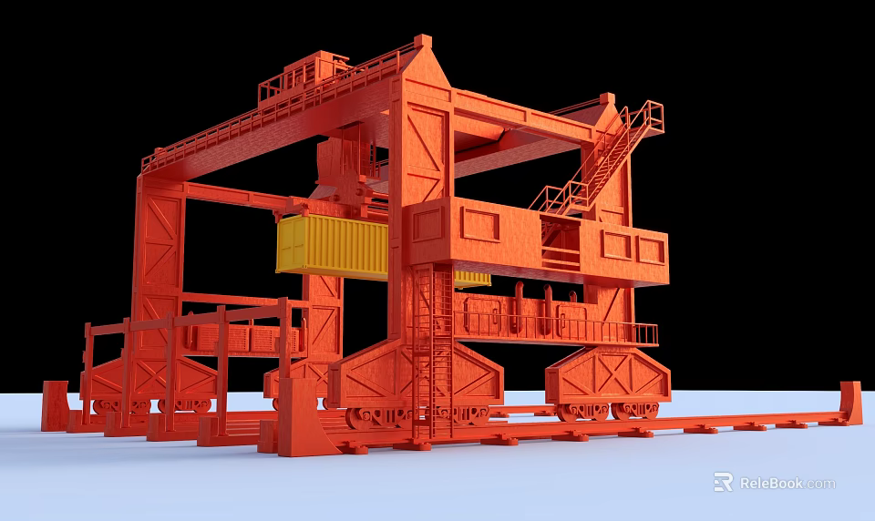Red Industrial Gantry Crane Equipment For Container Handling With Stairs And Rail Tracks 3d model 