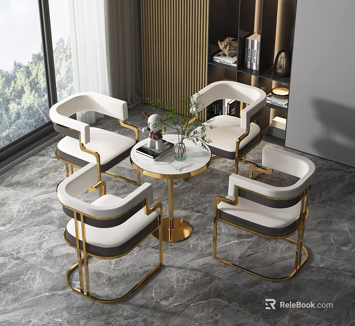 Modern Round Marble Top Table And White Upholstered Gold Frame Chair Set 3d model