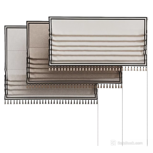 Layered Modern Curtains In Neutral Tones With Pleats And Decorative Tassels 3d model 