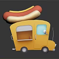 Yellow Mobile Food Truck With Large Hot Dog On Roof For Street Food Service