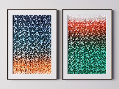 Two Framed Artworks With Colorful Gradient Small Squares Blue Orange Red Green Tones 3d model