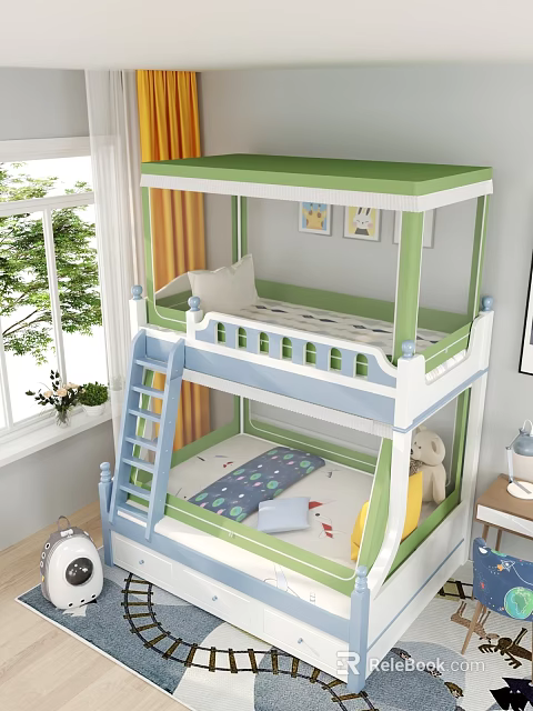 Kids Colorful Bunk Bed Design With Green Blue Frame Ladder Patterned Mattress And Stuffed Bear 3d model 