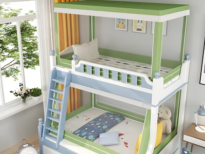Kids Colorful Bunk Bed Design With Green Blue Frame Ladder Patterned Mattress And Stuffed Bear 3d model