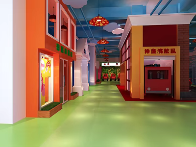 Colorful Indoor Corridor For Children's Potential Development With Lanterns And Storefronts 3d model