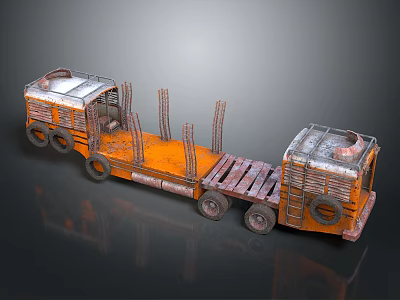Rusted Orange Flatbed Trailer Truck With Metal Supports For Wood Hauling 3d model