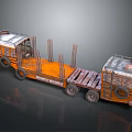 Rusted Orange Flatbed Trailer Truck With Metal Supports For Wood Hauling