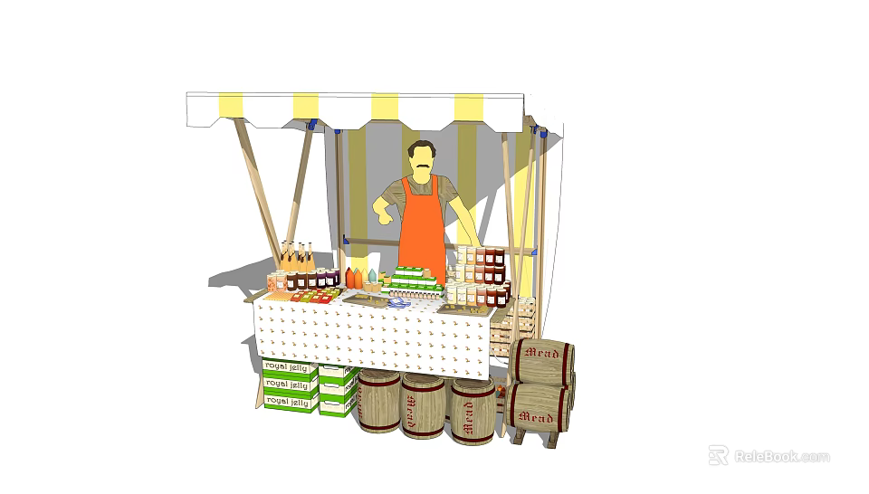 Street Food Stall With Yellow White Awning And Vendor Selling Fresh Fruits Vegetables 3d model 