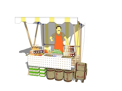 Street Food Stall With Yellow White Awning And Vendor Selling Fresh Fruits Vegetables 3d model