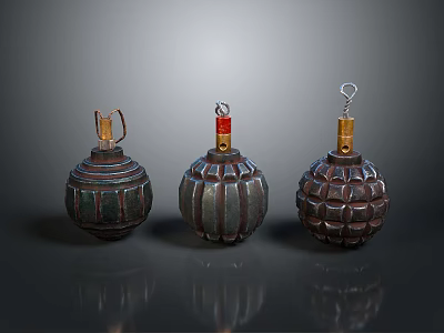 Three Hand Grenades With Ribbed Metal Shells And Safety Pins As Weapons 3d model