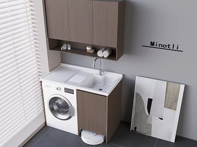 Modern Balcony Cabinet With Washing Machine Sink Storage And Window Blinds 3d model